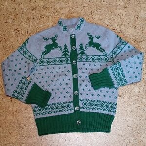 Handmade Women's Knit Crewneck Button Front Grey/Green Sweater Size M